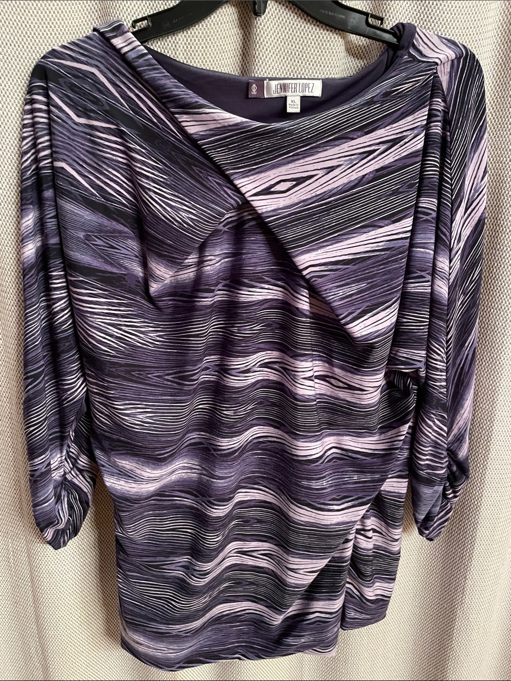 Jennifer Lopez Purple and Light Lavender Wave-Print Draped Blouse - Picture 1 of 9